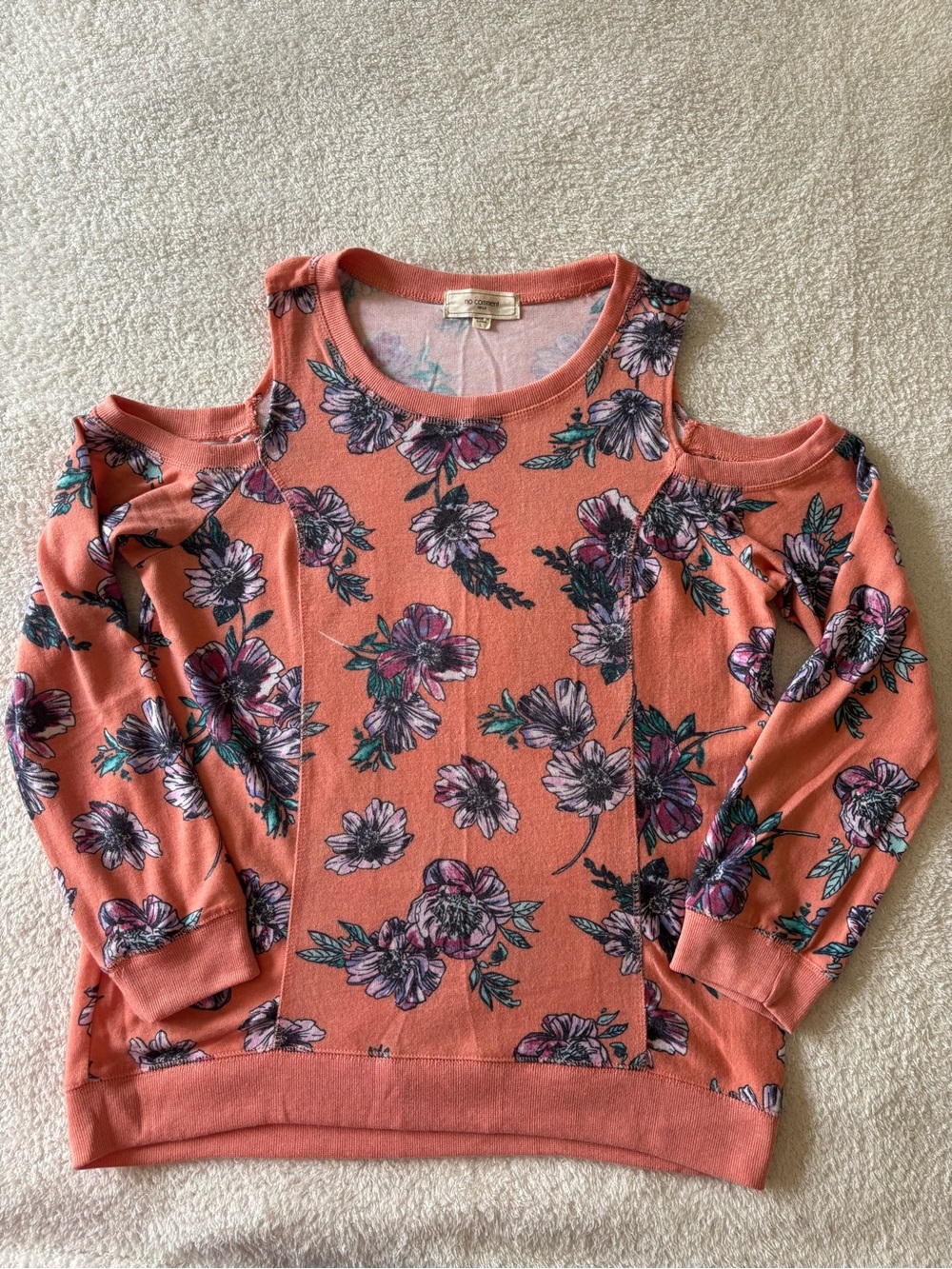 No Comment Floral Cold-Shoulder Sweater in Coral Pink